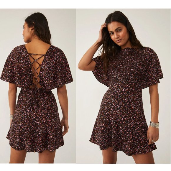 Free People Dresses & Skirts - NEW Free People Florence Mini Dress Floral Lace Up Smocked Evening Combo Black